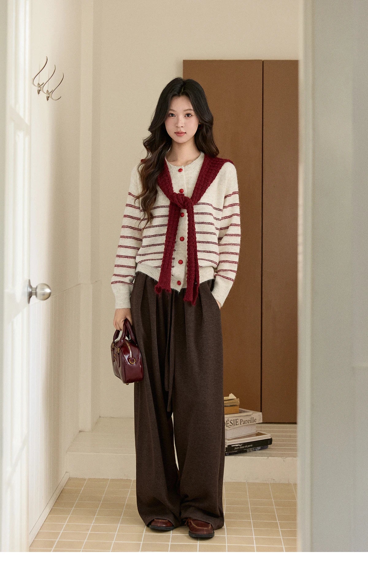 Mishow Beige Striped Red Scarf Button Cardigan MXE93Z2948