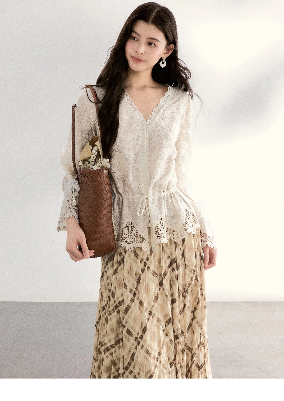 MISHOW Beige Plaid Maxi Skirt High Waist Flowy Elastic MXF108B0769