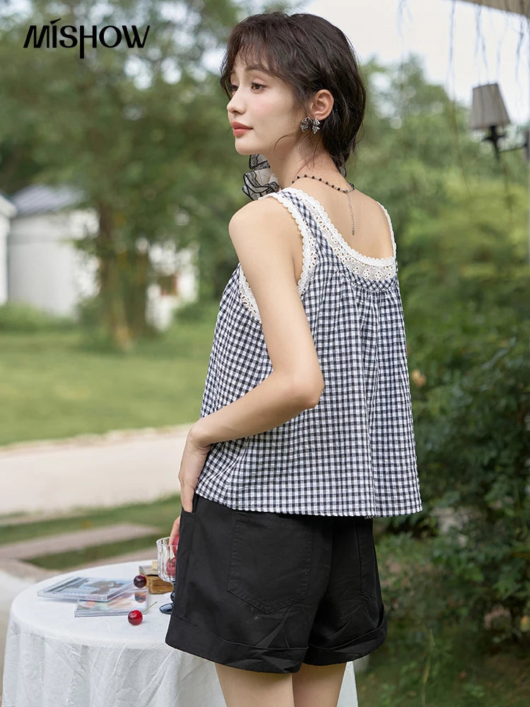 MISHOW Lace Plaid Suspender Vest U Neck Sleeveless MXD26X1567
