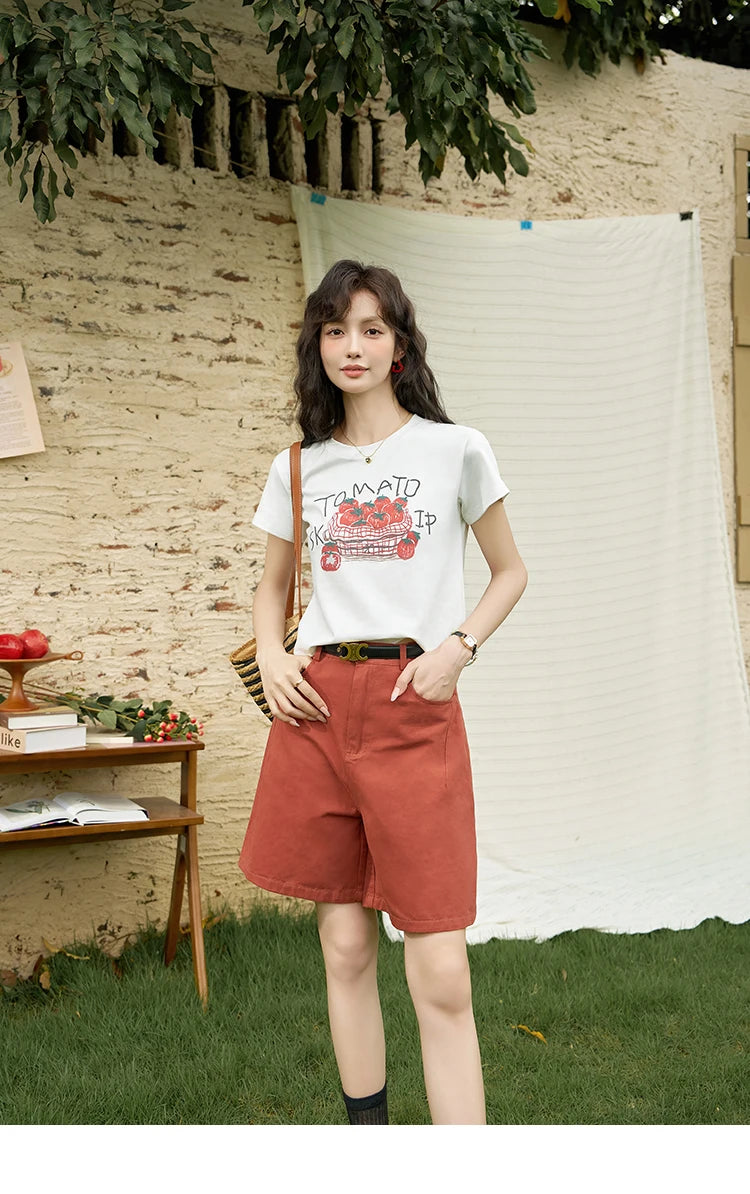 MISHOW Red Casual Shorts High Waist Loose Straight Leg Pockets MXD25K0679