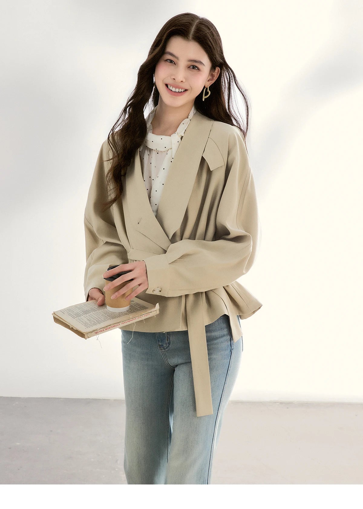MISHOW Khaki Belted Waist Coat Lapel Double-Breasted Short MXF13W1056