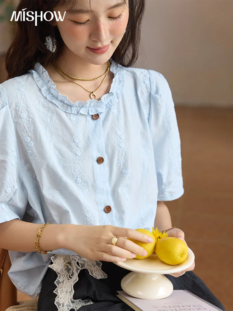 MISHOW 100% Cotton Puff Sleeve Shirt Round Neck Button MXE36X1873