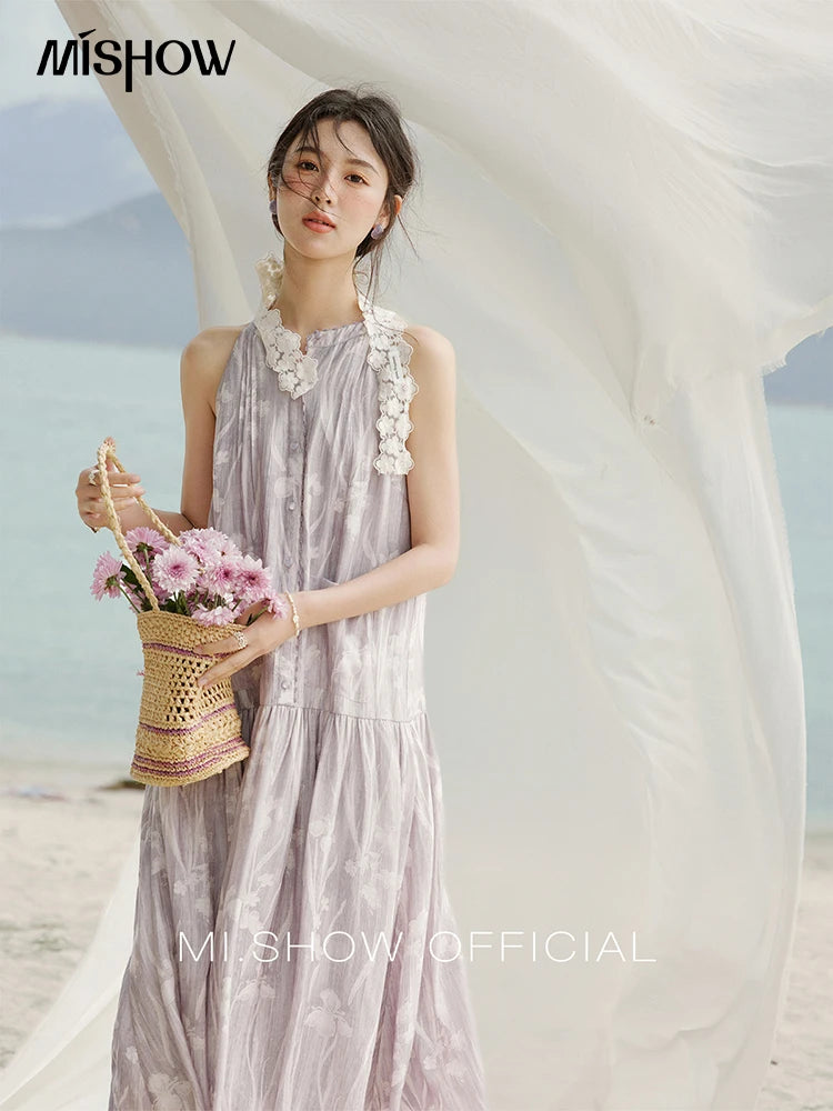 Mishow Purple Print Chiffon Stand Collar Dress MXE32L2163