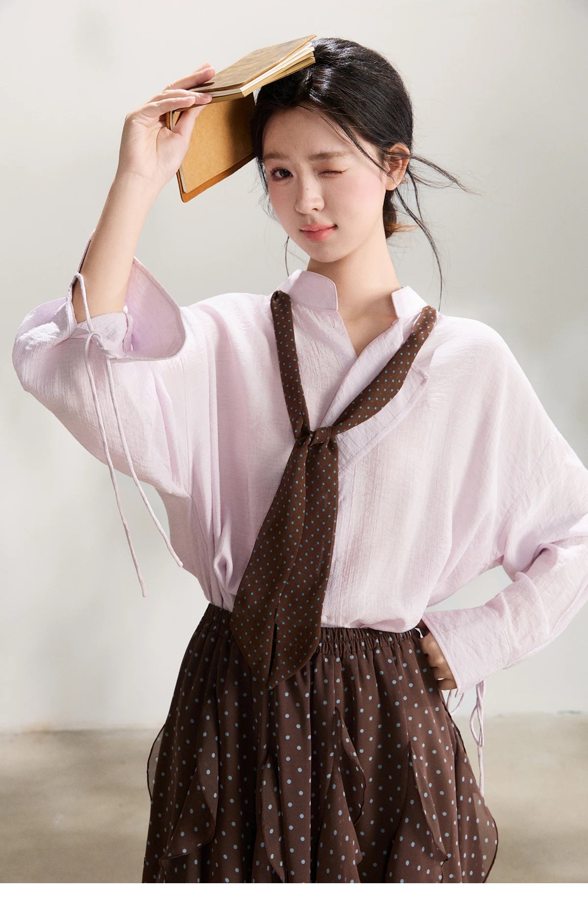MISHOW Women's Asymmetric V-Neck Shirt Polka Dot Ribbon Tie Cuffs MXF108X1002
