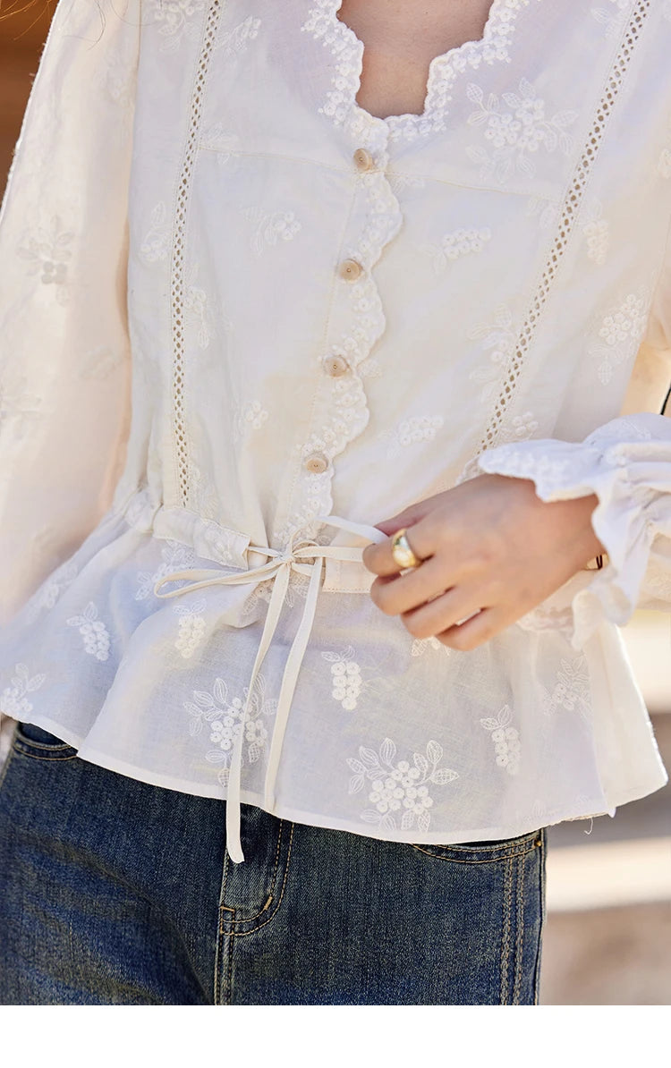 MISHOW Embroidered Lace Blouse V-Neck Drawstring MXE11X1708