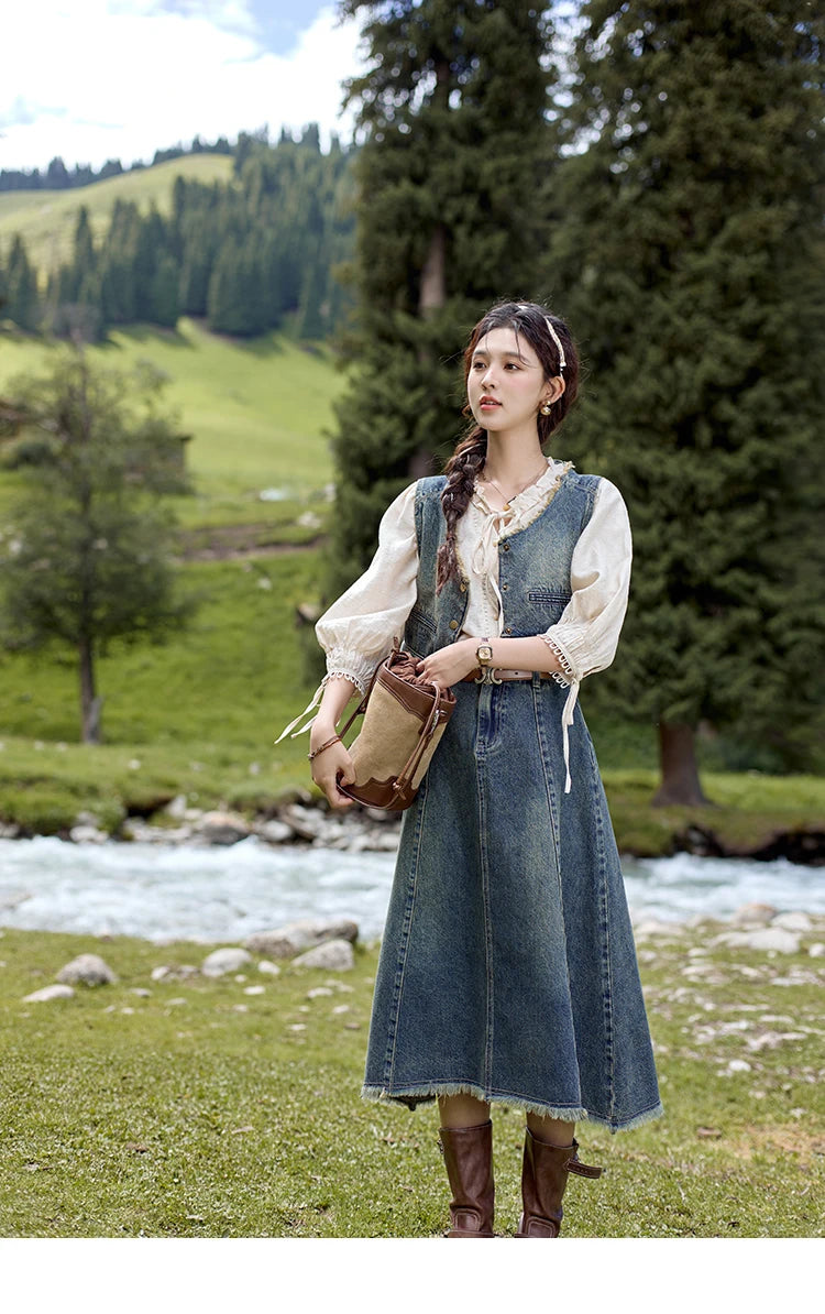 MISHOW Washed Hem Fringed Denim Midi Skirt A-Line Retro MXD41B0453