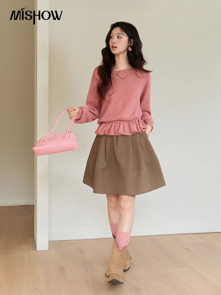 Mishow Pink Hollow Floral Ruffled Hem Sweater MXE94Z2865