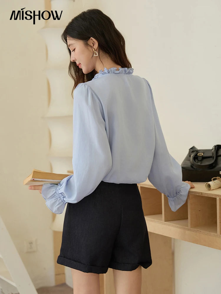 MISHOW 100% Lyocell Blue Shirt French Ruffles Ties MXE45X2484