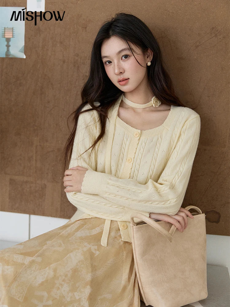Mishow Beige Cable Knit Square Neck Cardigan MXF11Z2903