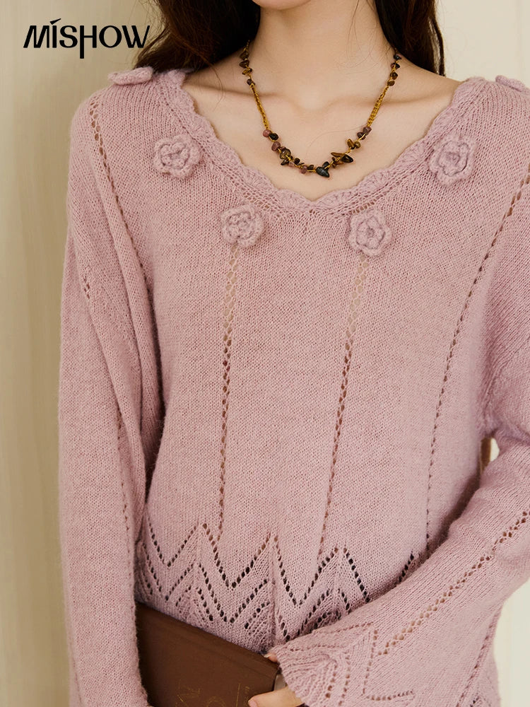 Mishow Purple Hollow Wave V-Neck Crochet Pullover MXE45Z1391