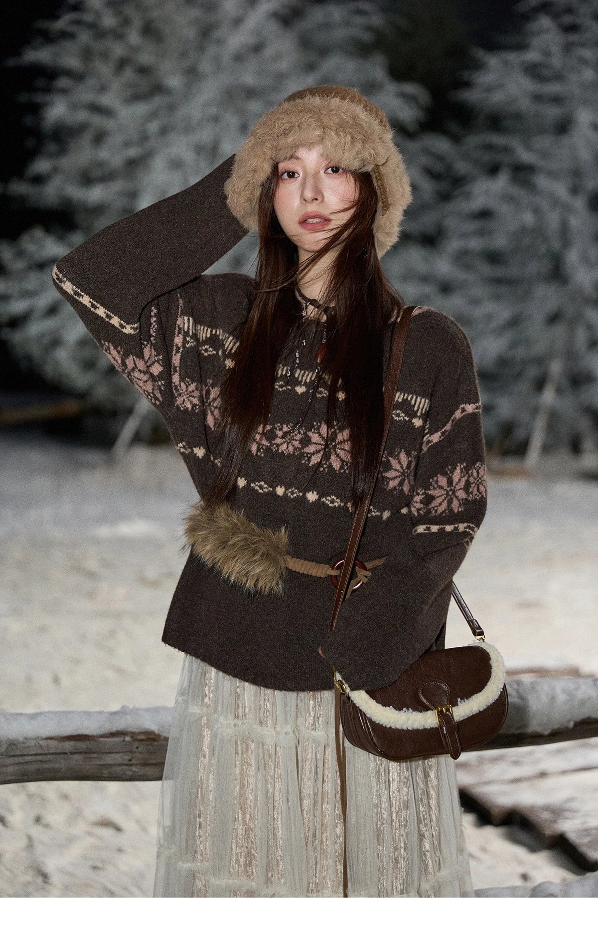 Mishow Brown Snowflake Jacquard Crew Neck Pullover MXE86Z2655