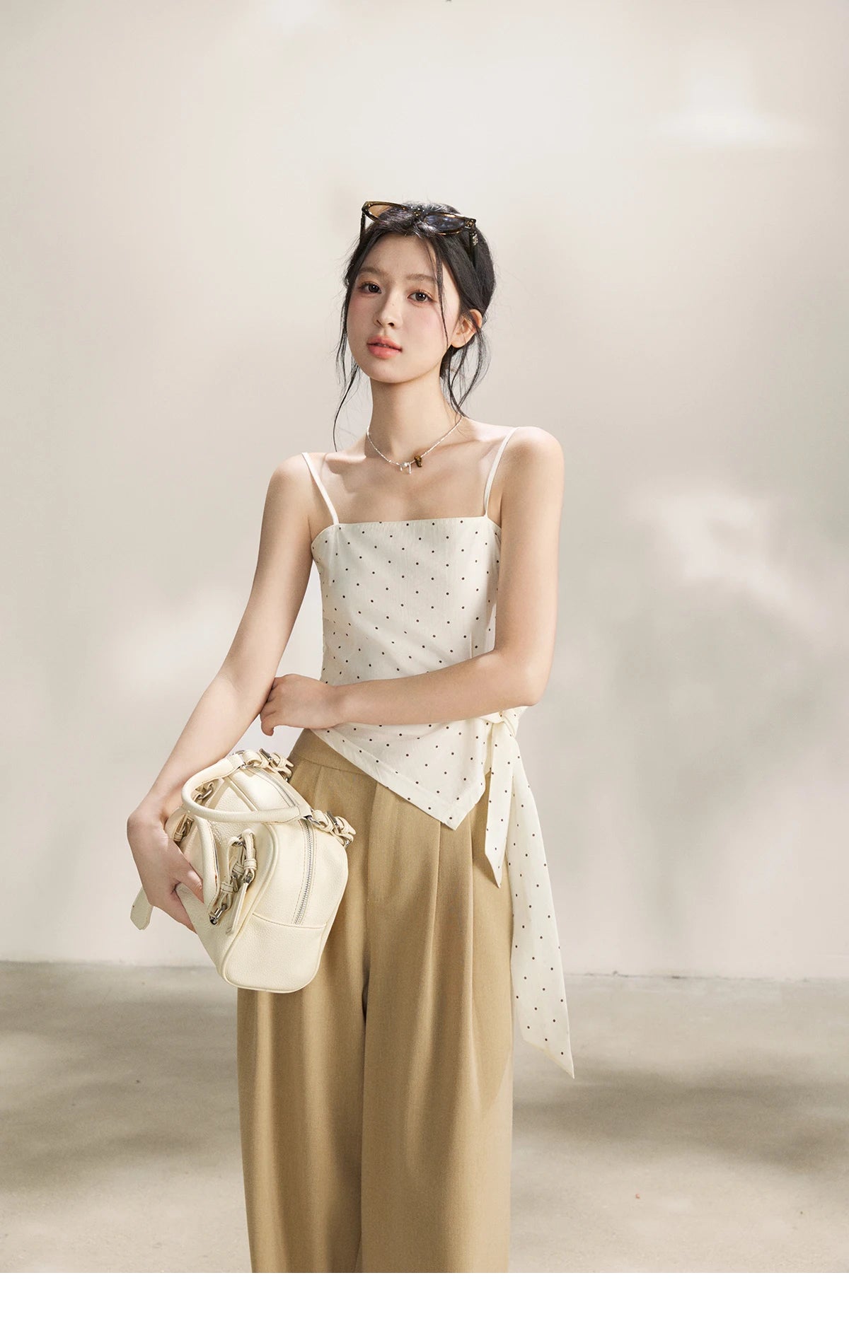 Mishow Khaki Cropped Jacket & Polka Dot Vest & Wide Leg Pants Three-Piece Set MXF13T1478