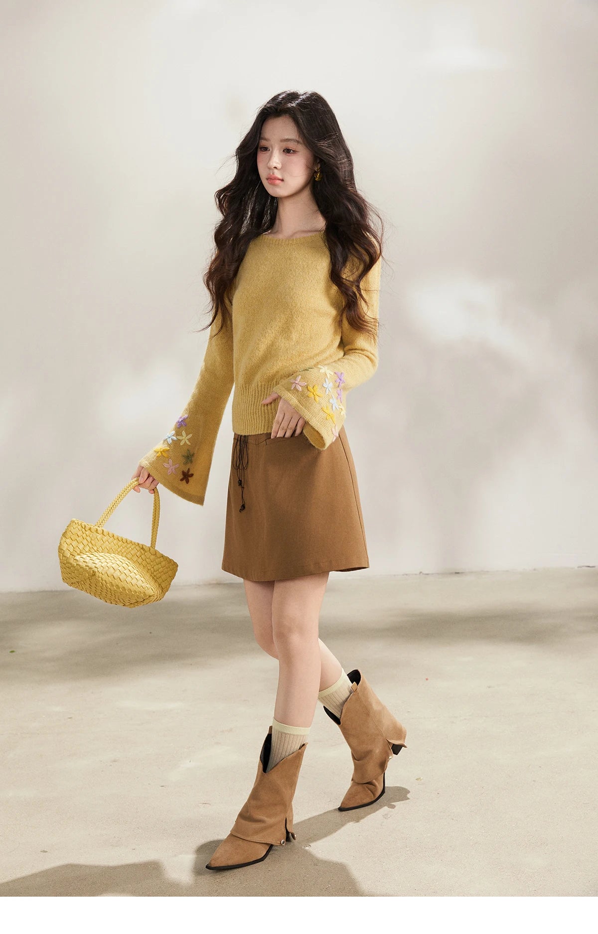 Mishow Yellow Floral Embroidered Boat Neck Flare Sleeve Top MXE94Z2864