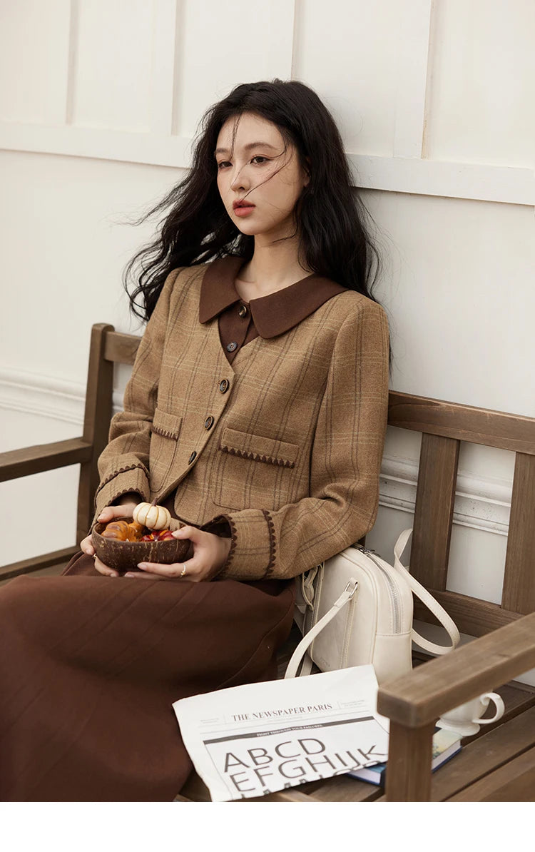 Mishow Plaid Tweed Jacket & Pleated Midi Skirt Set MXD46W0460