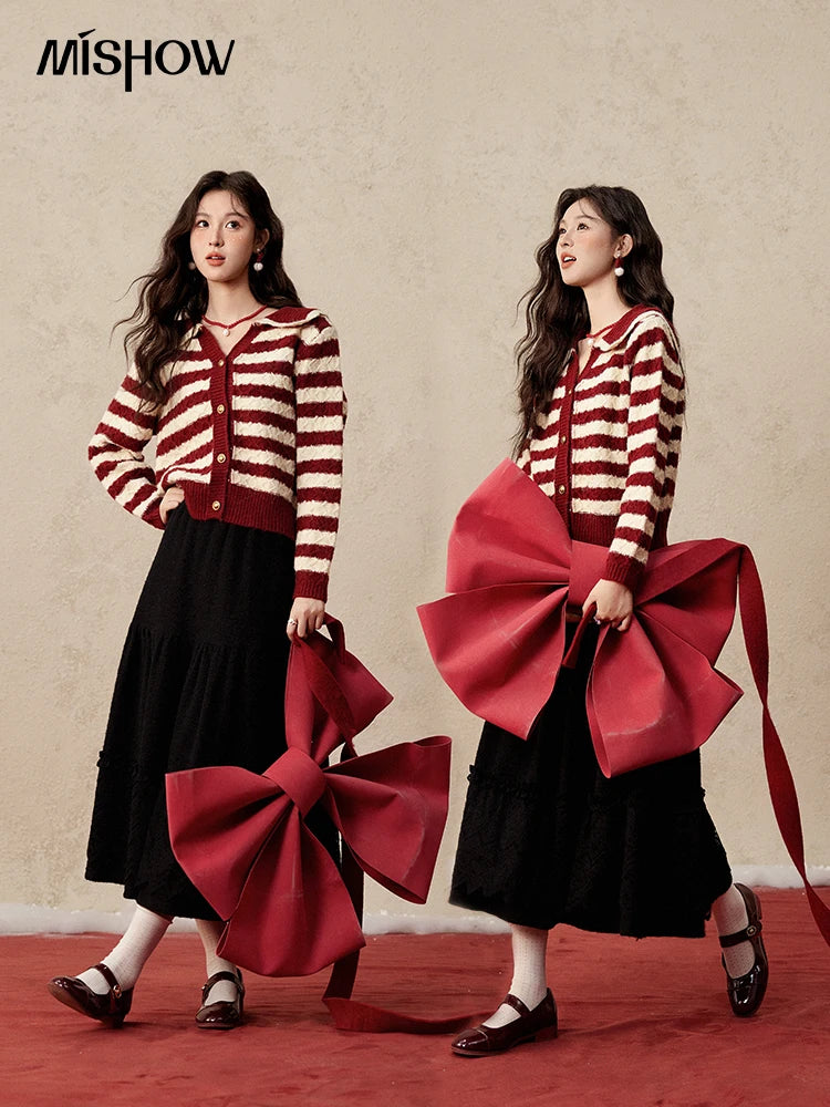 Mishow Christmas Red Striped Wool Blend Cropped Cardigan MXD58Z1038