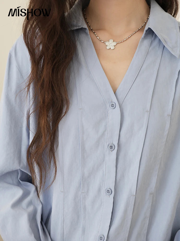 MISHOW Blue Peach Skin Velvet Shirt Lapel V-Neck Pleated Cuffs MXE44C2392