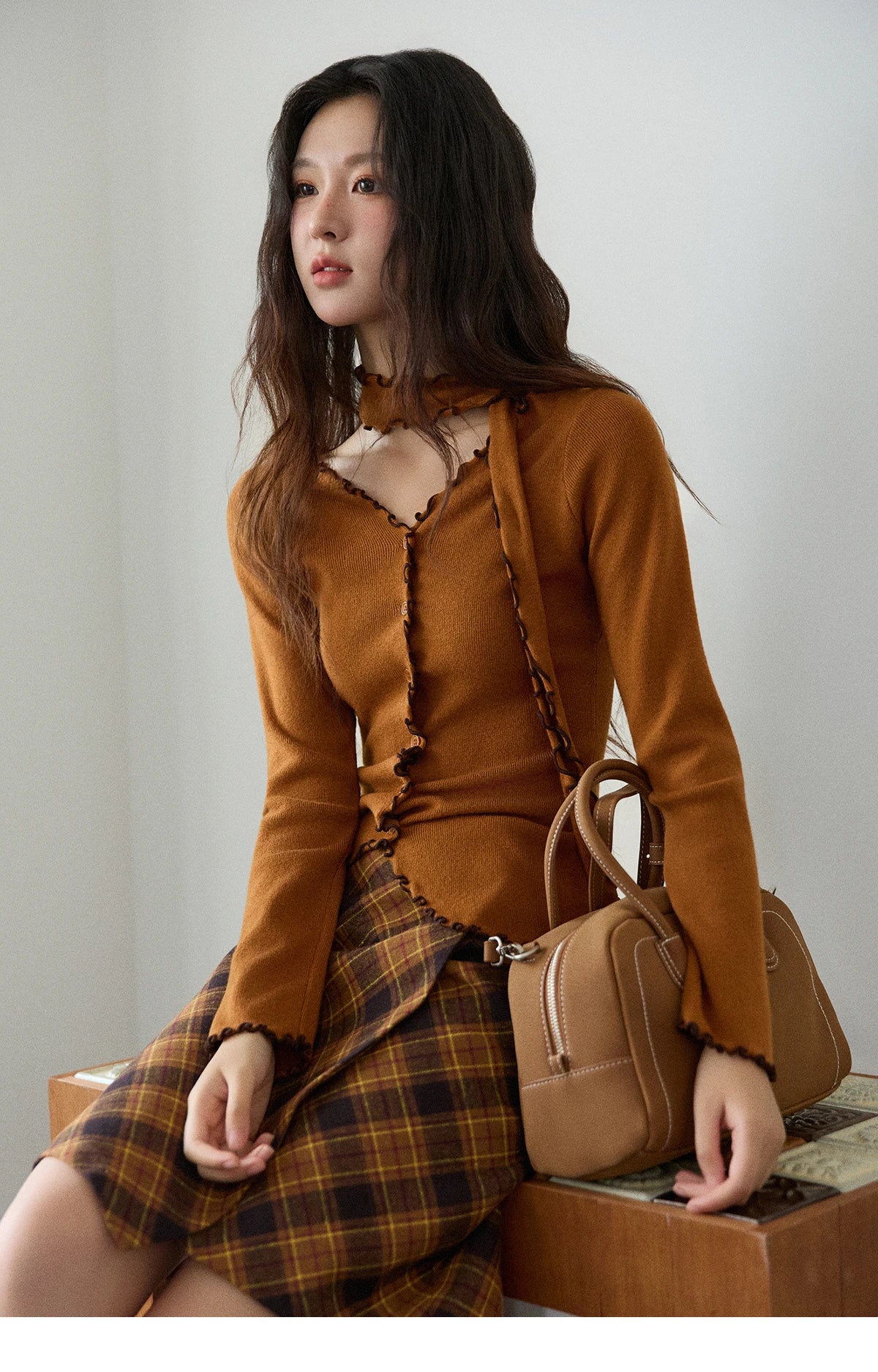 Mishow Ruffled Edge V-Neck Ribbon Knit Pullover MXE86Z2728