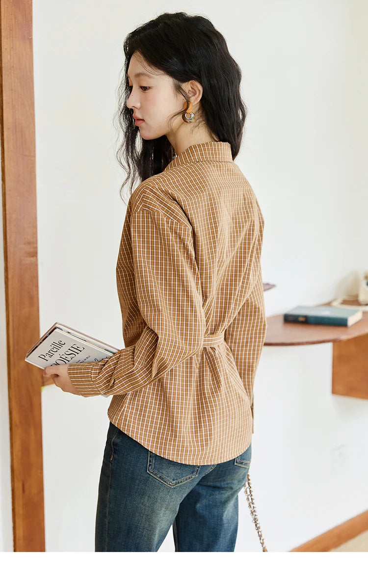 MISHOW Dark Orange Plaid Shirt Side Waist Lace-Up MXE46X2494