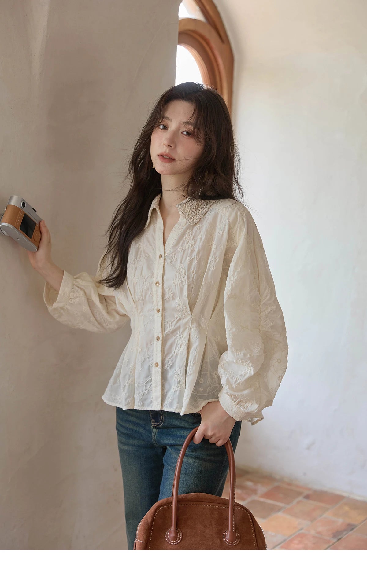 MISHOW French Lace Blouse Lantern Sleeve Ruffle Hem MXE42C2372