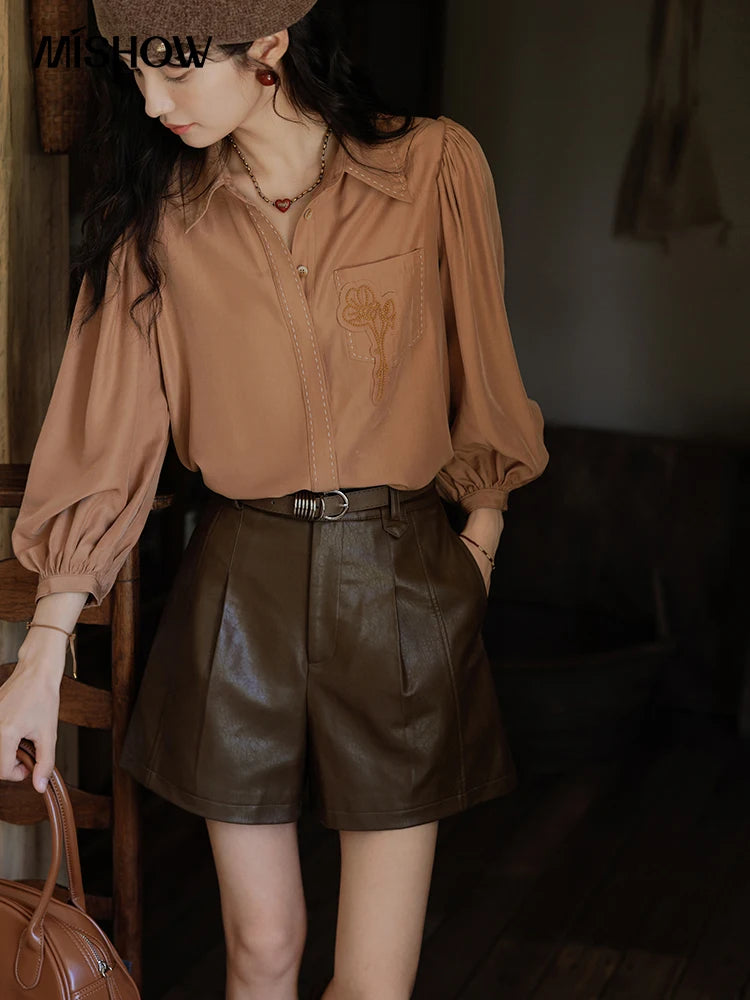 MISHOW Retro Long Sleeve Shirt Lantern Sleeve Embroidery MXD41C0287