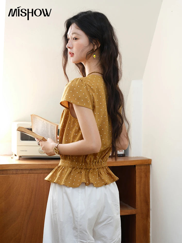 MISHOW V-Neck Lace Polka Dot Blouse Ruffled Button MXE38X1847