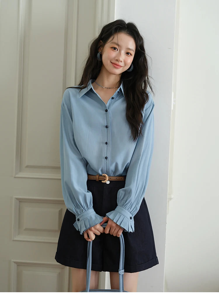 MISHOW Women's Color Block Shirt Pleated Cuffs Lapel Top MXE41C2352