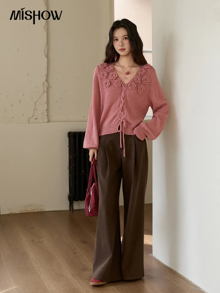 Mishow Pink 3D Rose V-Neck Loose Pullover MXE88Z2708