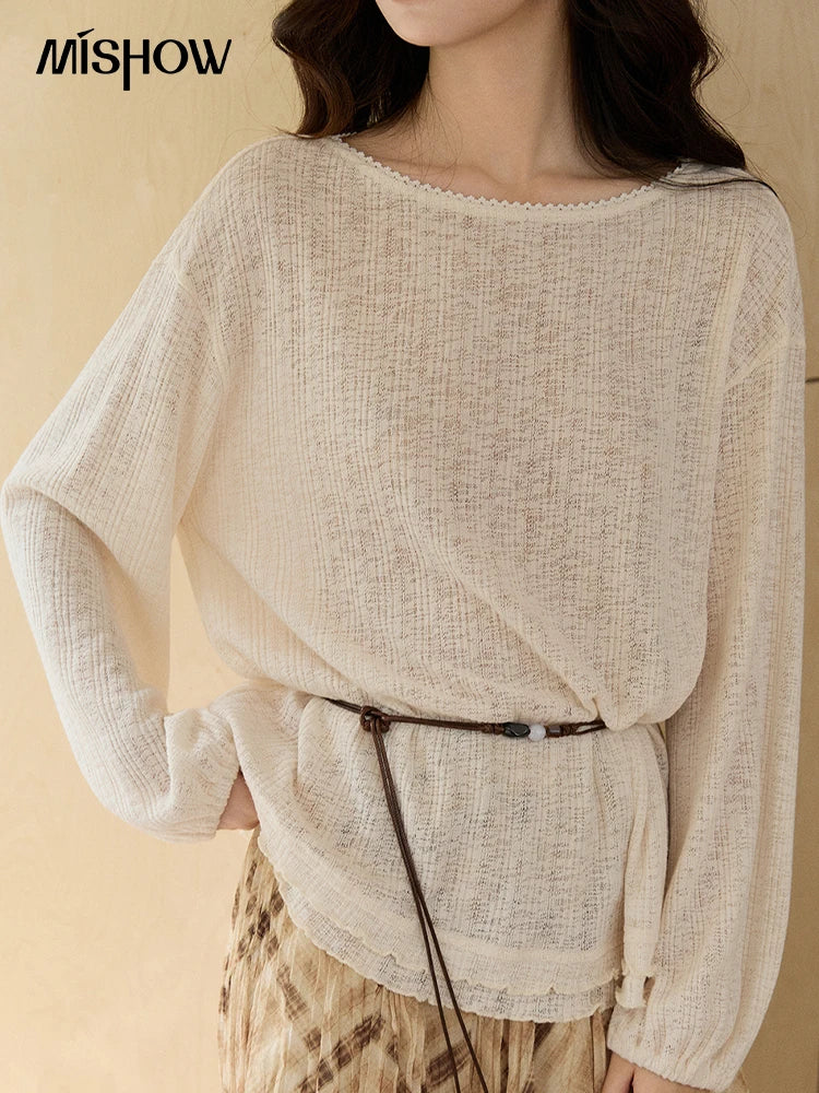 Mishow Lace Trim Boat Neck Knit Top with Belt MXF13Z3002