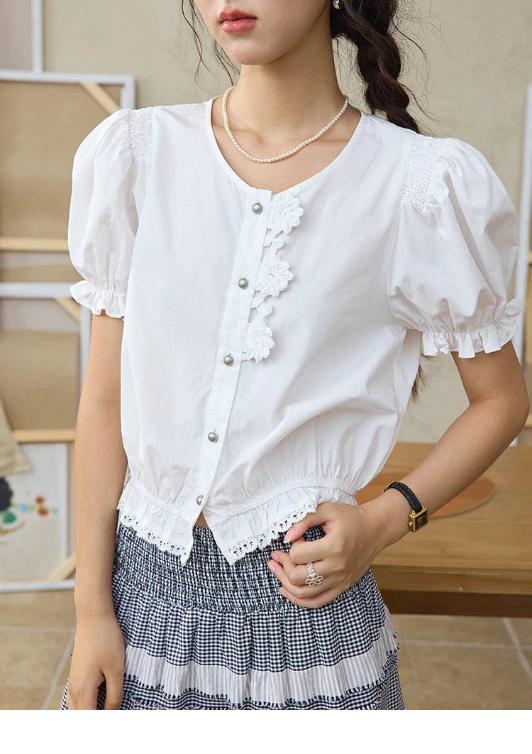 MISHOW Lace Puff Sleeve Shirt Flower Buttons Hem Elastic MXE34X1820