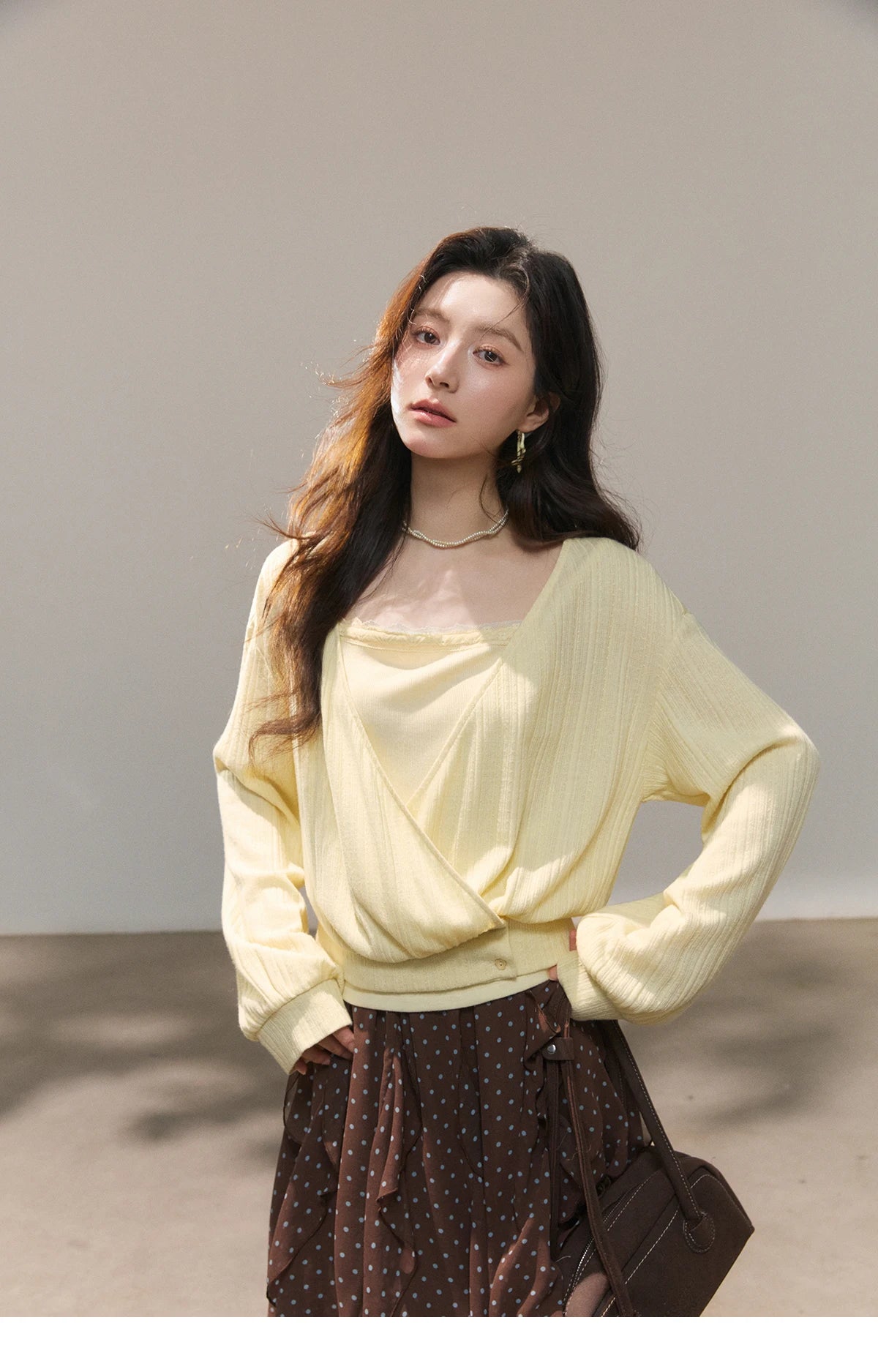 Mishow Lemon Yellow Lantern Sleeve Top & Lace Camisole Set MXF13T1513