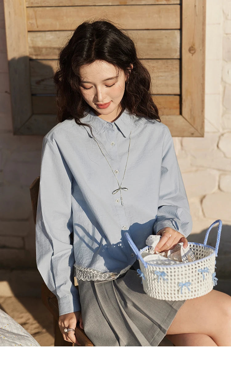 MISHOW Cotton Blue Shirt Hem Lace Lapel Collar MXE12C0410