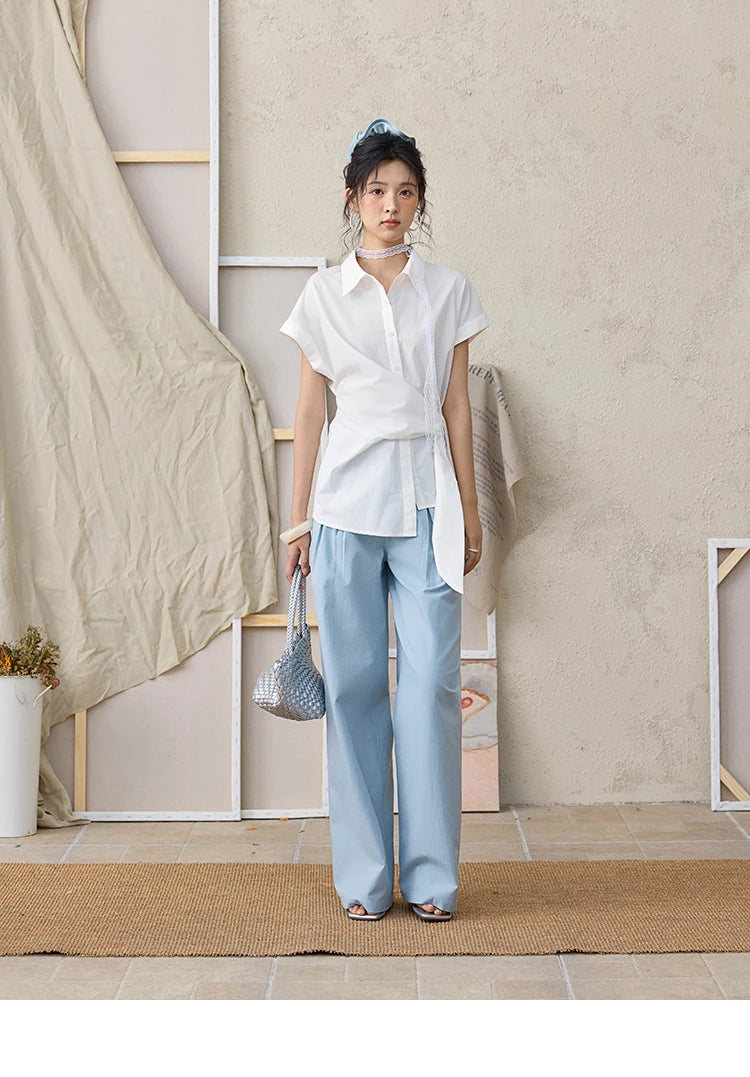 MISHOW Sea Salt Blue Wide Leg Pants Contrasting Bead Belt MXE35K0931