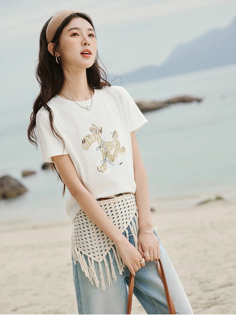 Mishow Cartoon Print Loose Embroidery Tee MXE31T0550