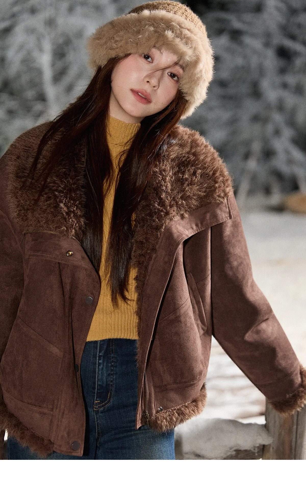 MISHOW Blue Plush Jacket Turn-Down Collar Zip-Up Loose MXE87W0917