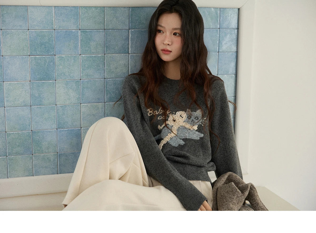 Mishow Cat Jacquard Three-Dimensional Bow Pullover MXE86Z2750