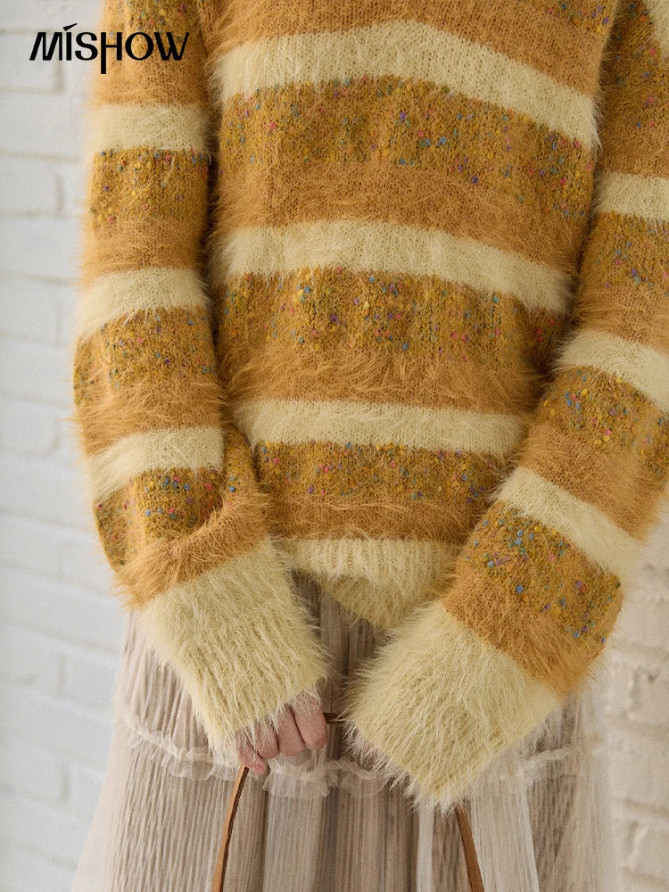 Mishow Retro Yellow Striped Faux Mink Jacquard Sweater MXE87Z2766