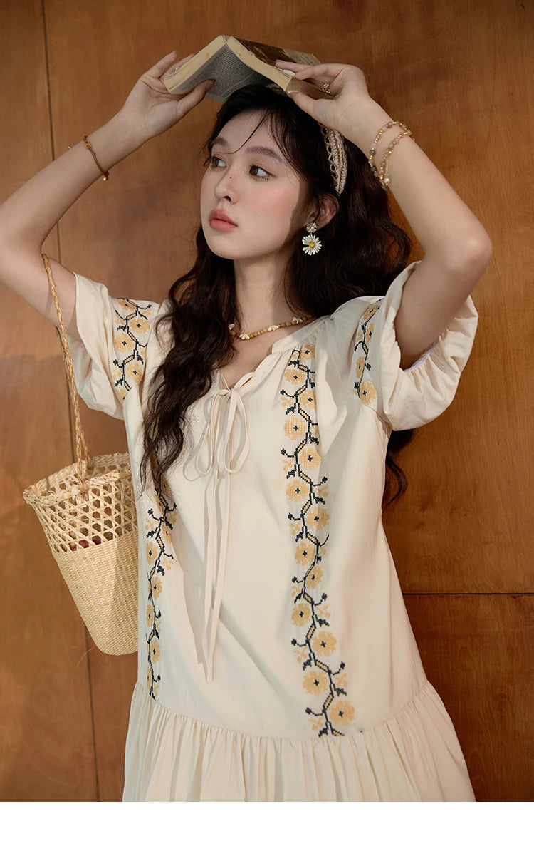Mishow Korean Sunflower Embroidery Lace-Up Doll Dress MXD30L1959