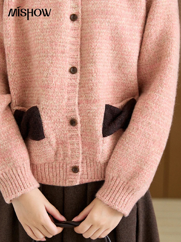Mishow Pink Contrast Collar Bow Pocket Cardigan MXE94Z2957