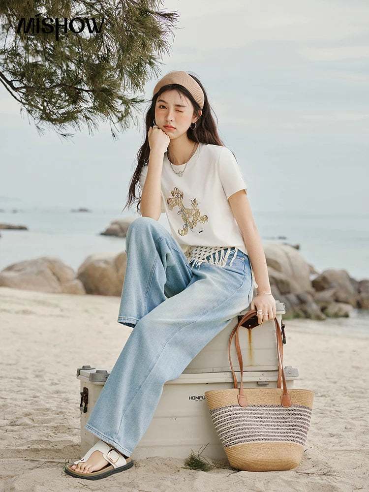 Mishow Cartoon Print Loose Embroidery Tee MXE31T0550