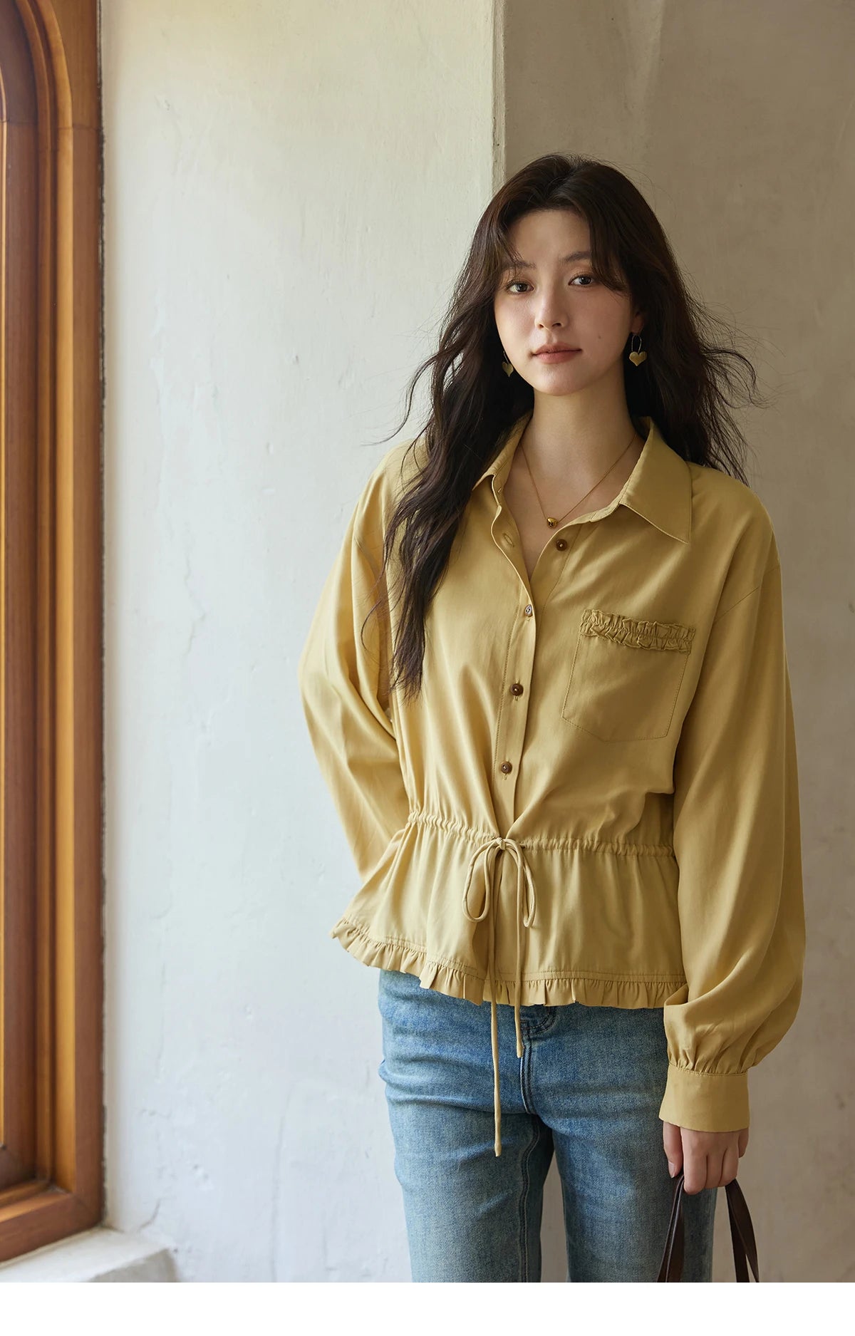MISHOW Yellow Drawstring Waist Shirt Lapel Lantern Sleeve MXE42C2368