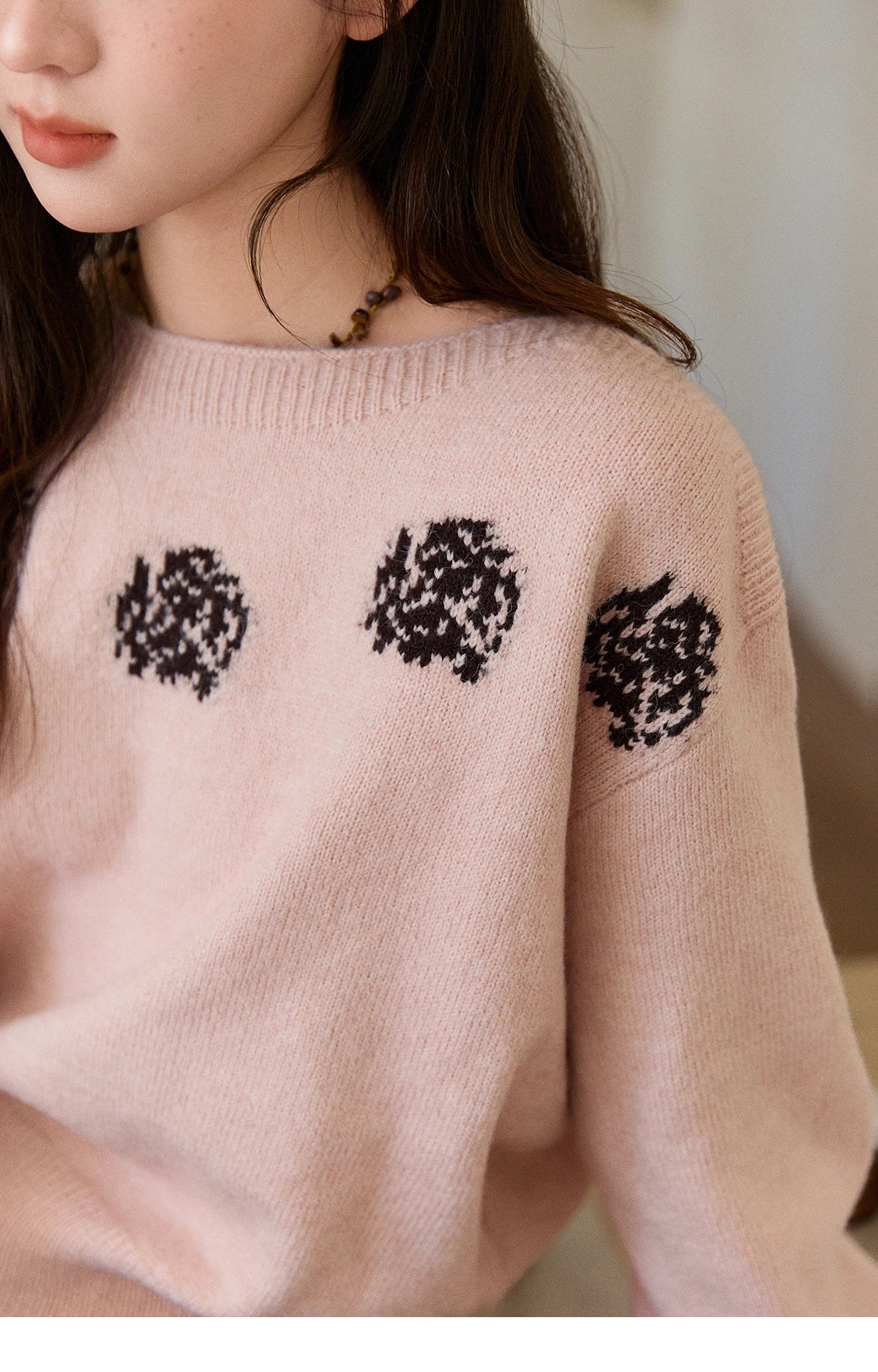 Mishow Pink Jacquard Lantern Sleeve Drop Shoulder Sweater MXE91Z2775