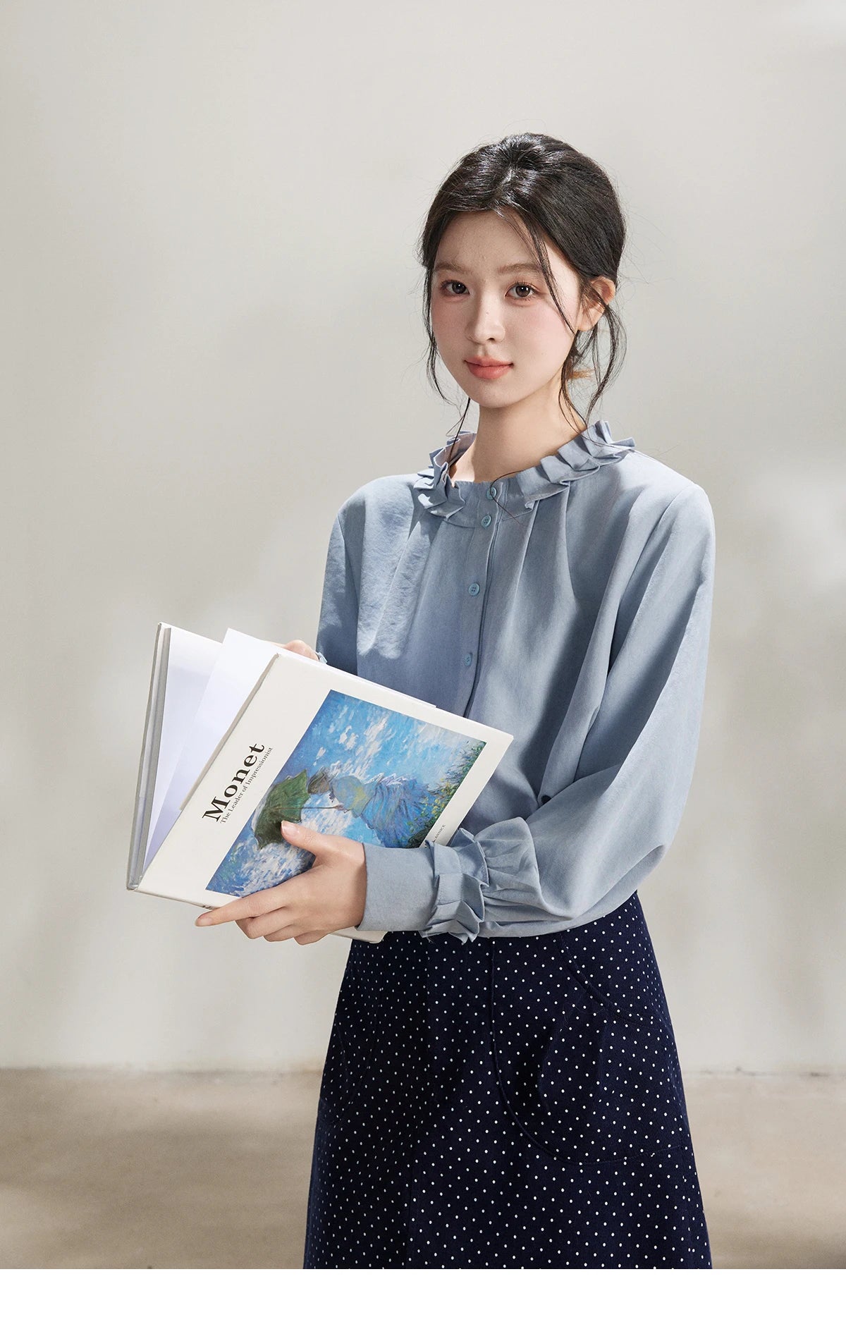 MISHOW Peach Skin Solid Shirt Ruffled Crew Neck MXF11C2431