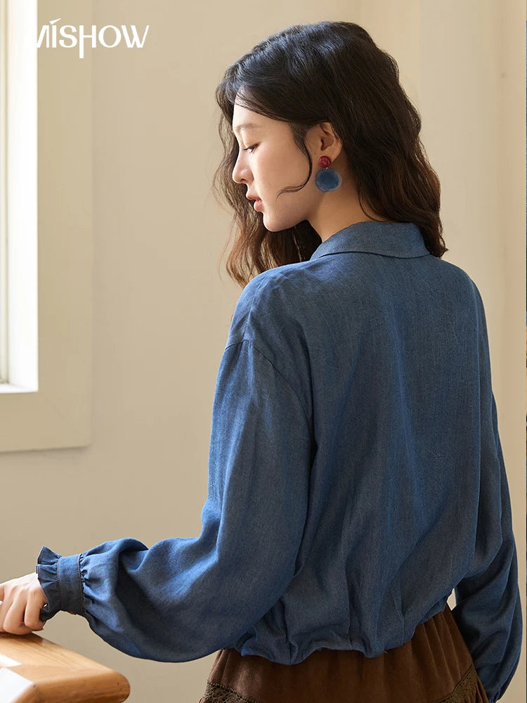 MISHOW Blue Lyocell Denim Shirt Ruffled Placket Waist Cinc MXE43C2386