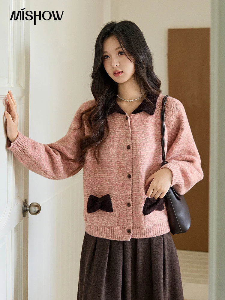 Mishow Pink Contrast Collar Bow Pocket Cardigan MXE94Z2957