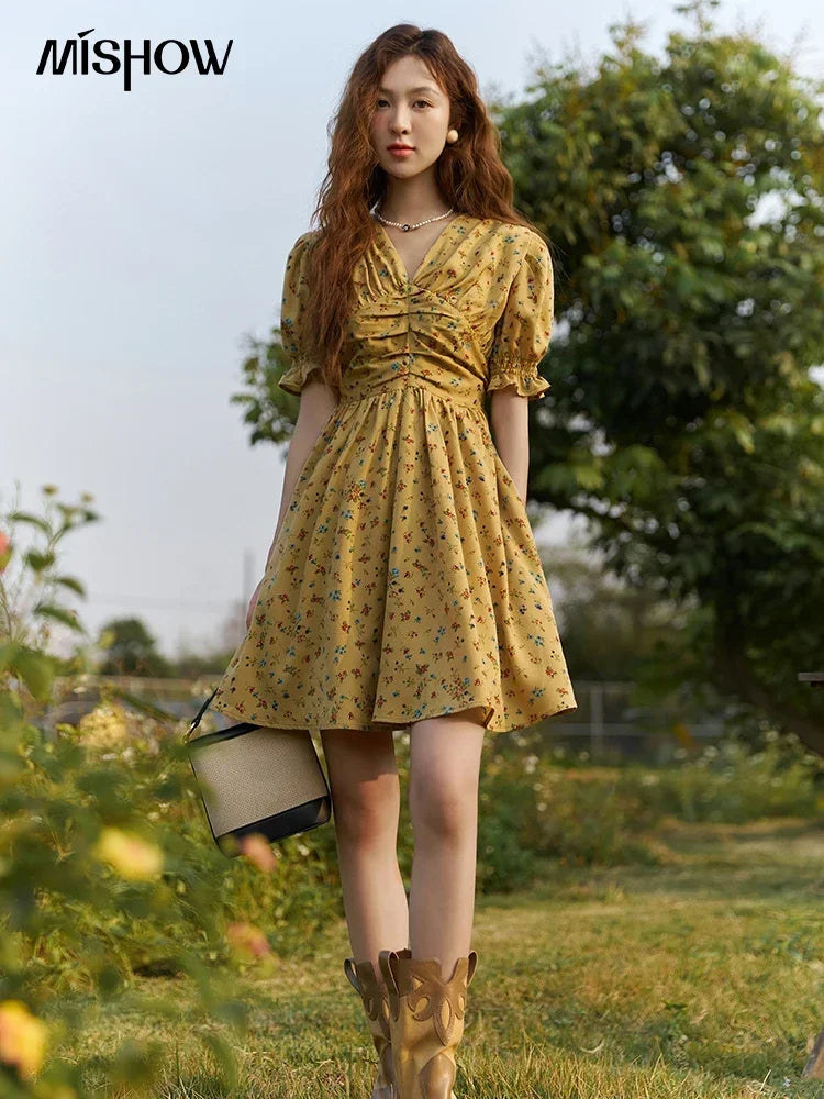Mishow Retro Puff Sleeve V-Neck Shirring Dress MXC33L1374