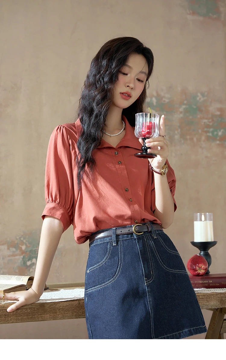 MISHOW Short Sleeve Blouse Lapel Simple Loose Fit MXD28C0247