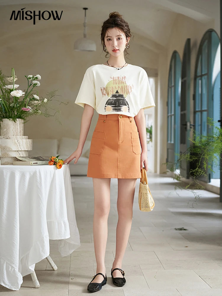 Mishow Orange High Waist Slim A-Line Pocket Skirt MXD13B0264