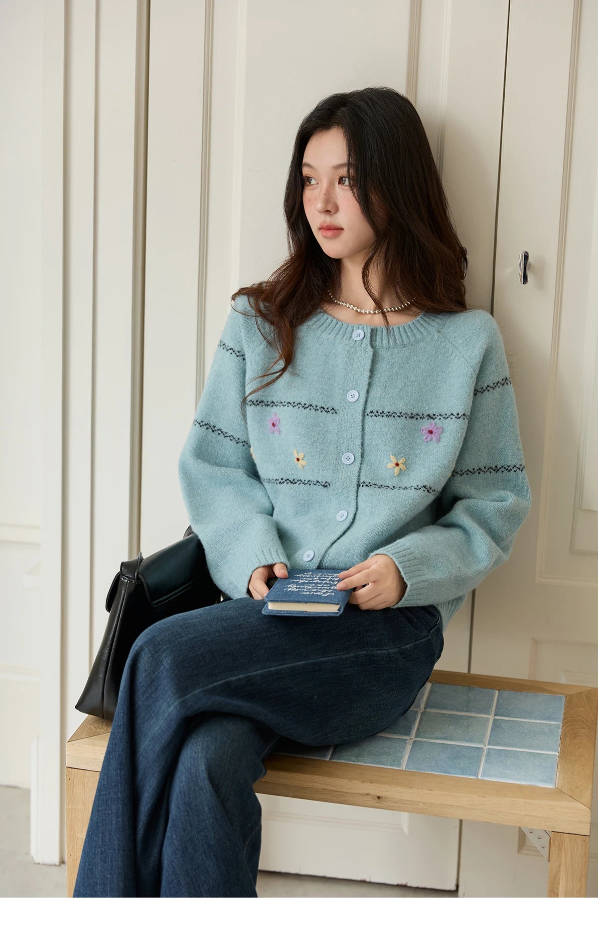 Mishow Blue Flower Embroidered Loose Cardigan MXE46Z2581