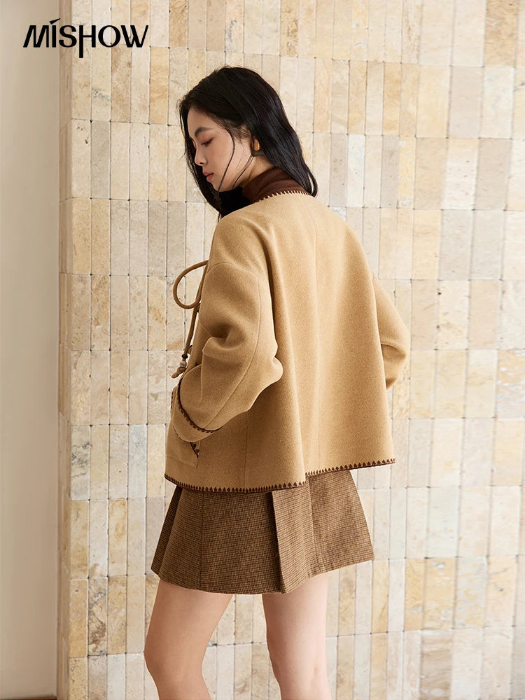 MISHOW Khaki Asymmetrical Coat Shell Flower Embroidery Lace-Up MXE49W0854