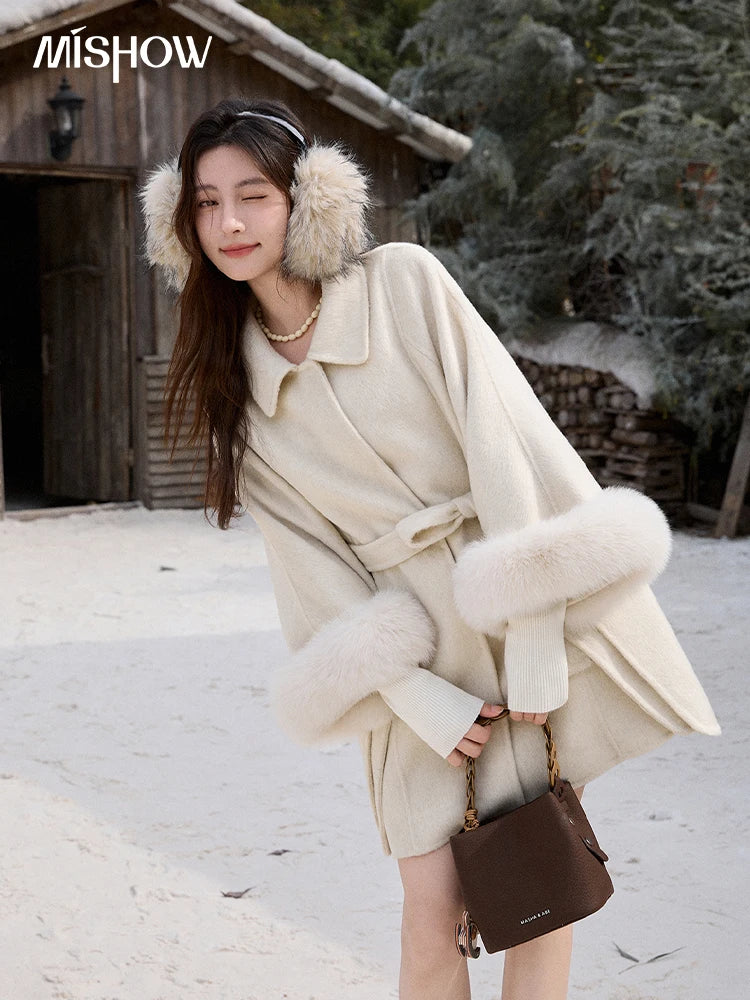 Mishow 100% Wool Cape with Detachable Furry Cuffs MXE90W0947